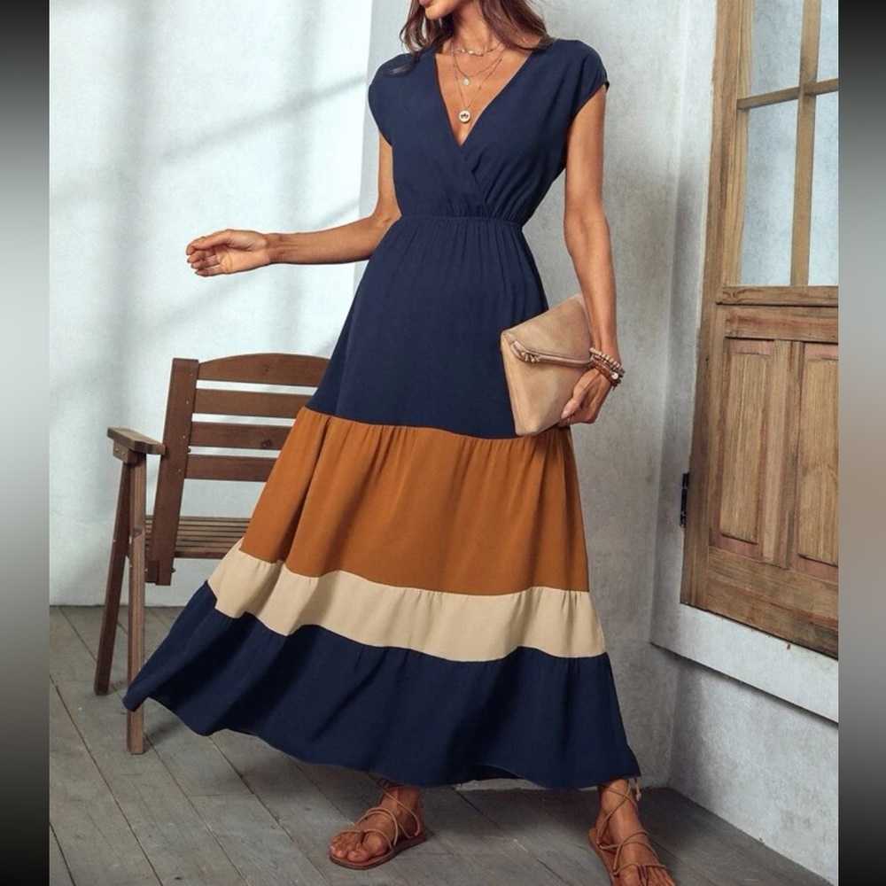 Boho color block surplice neck maxi dress - Picture 1 of 6